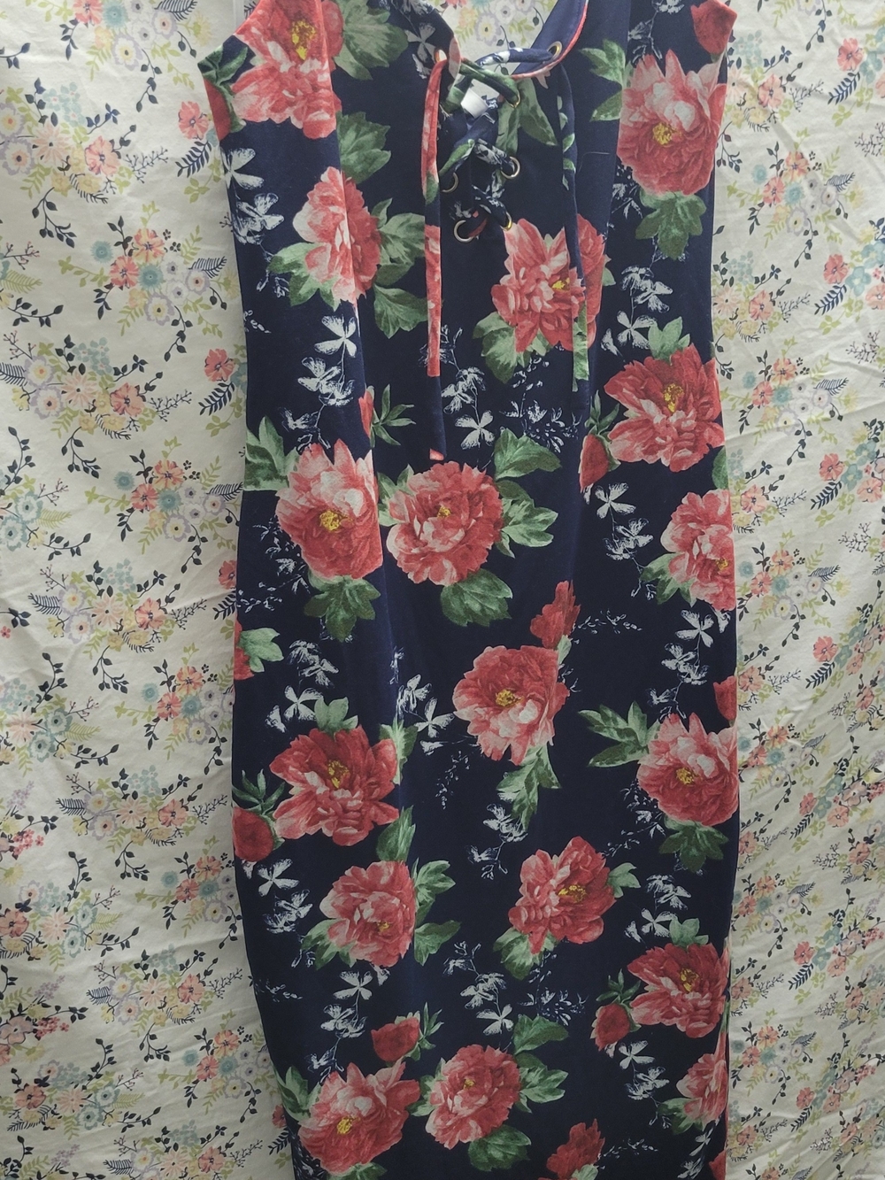 Navy Floral Lace-Up Midi Dress with Coral Blooms